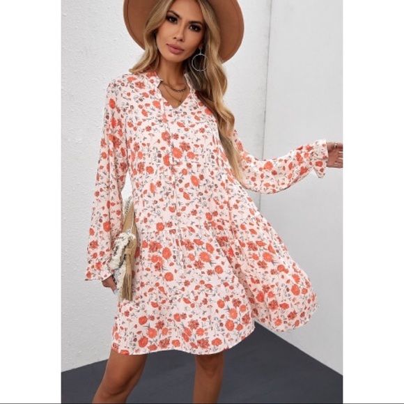 Drawstring Floral Print Long Sleeve Babydoll Dress - Picture 3 of 5